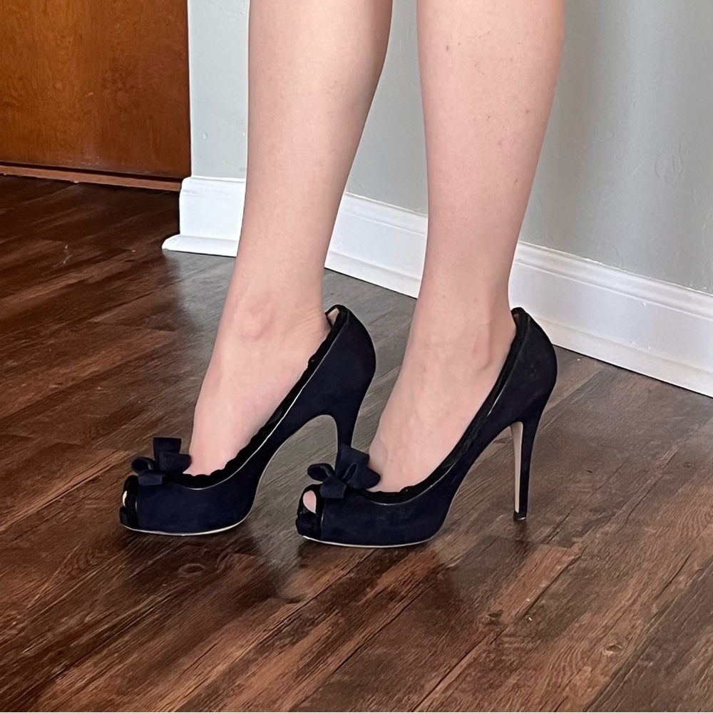 Valentino Black Suede Peep Toe heels with Bow and Lace detail